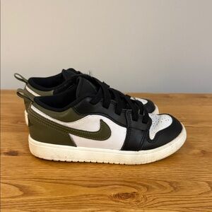 Nike Kids Air Jordan low alt shoe. Black/ White/ Olive. Size 2.5Y